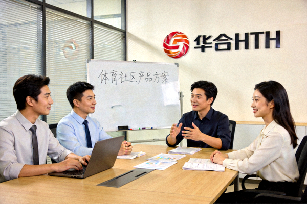 华体会HTH公司团队在现代化办公室讨论体育社区产品方案