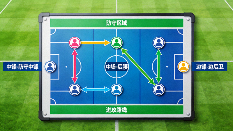战术板示意图，标注了关键球员对位与跑动路线