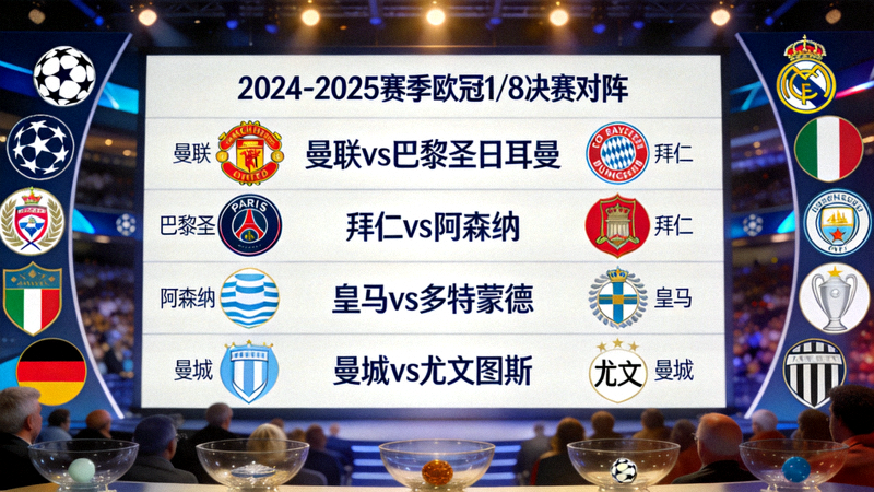 欧冠抽签仪式现场大屏幕显示对阵结果，各队队徽清晰可见