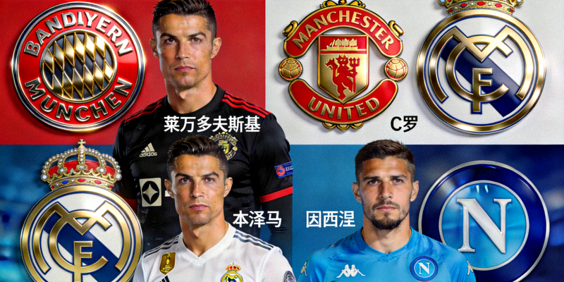 欧冠其他小组代表性球队拜仁、曼联、皇马、那不勒斯等队徽与球星拼贴图