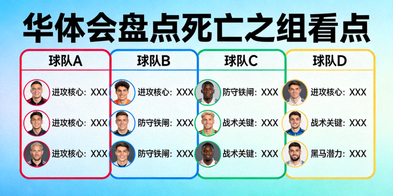 华体会盘点死亡之组看点图表，包含各队关键球员头像