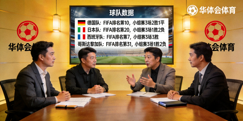 华体会体育专家团围坐讨论死亡之组出线形势，屏幕显示球队数据