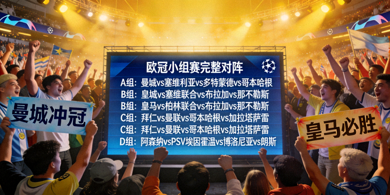 欧冠抽签结果大屏幕显示完整小组对阵，球迷欢呼
