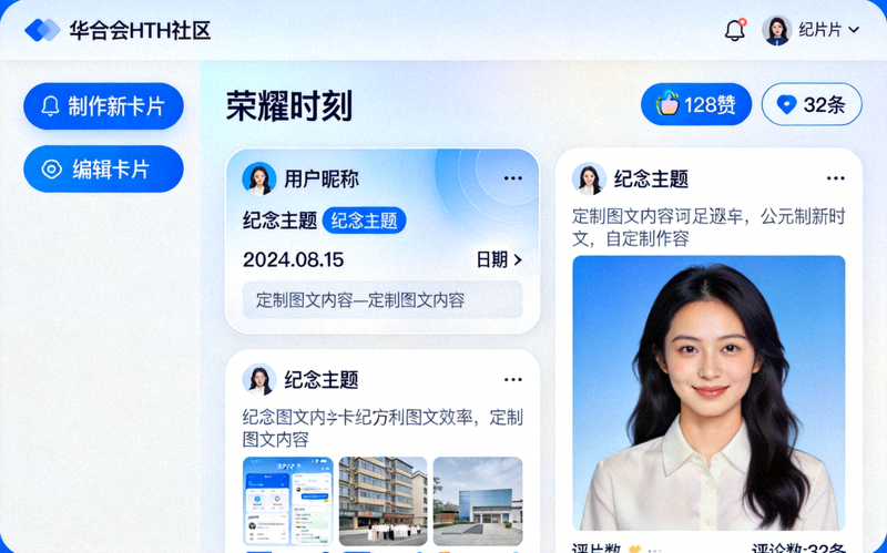 华体会HTH社区荣耀时刻功能界面截图，展示用户制作的纪念卡片