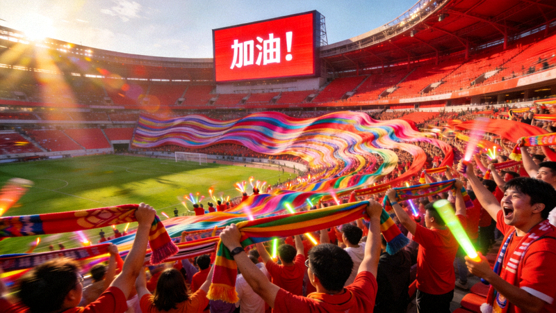 球迷在体育场看台举起围巾为球队助威的热闹场景