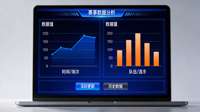 显示赛事数据图表的电脑屏幕，包含折线图与柱状图分析界面